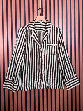 Anthropologie Shirt Medium Womens Green Brown Long Sleeve Pajama Top Striped